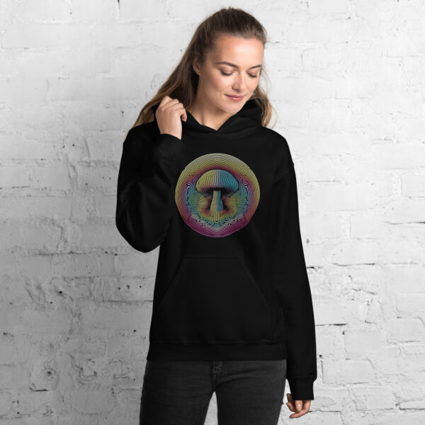 Retro Psychedelic Mushroom Op Art Hoodie (black, navy) - Image 3