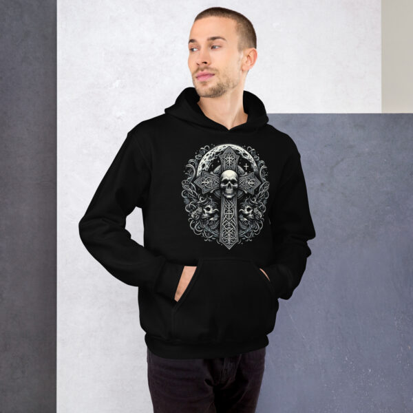 Celtic Cross Ornate Design With Skull Goth Hoodie (Black, Navy) - Image 3