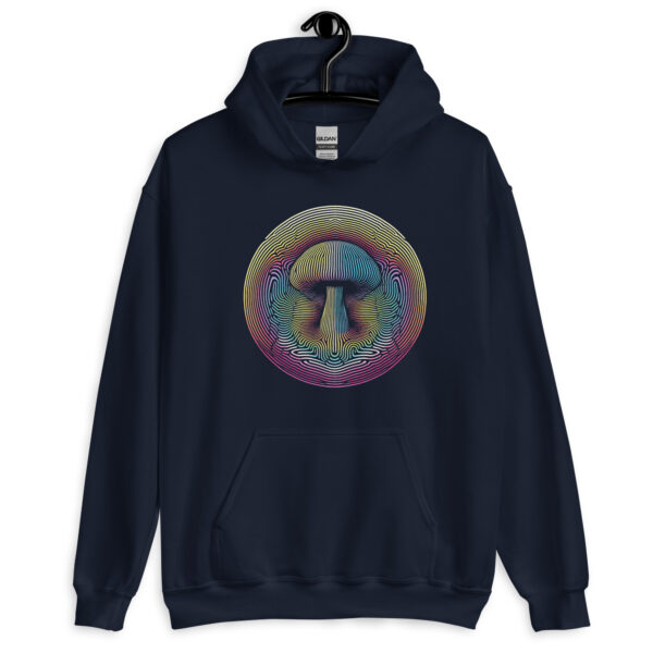 Retro Psychedelic Mushroom Op Art Hoodie (black, navy) - Image 7