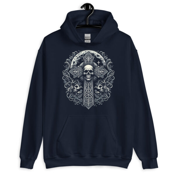 Celtic Cross Ornate Design With Skull Goth Hoodie (Black, Navy) - Image 8