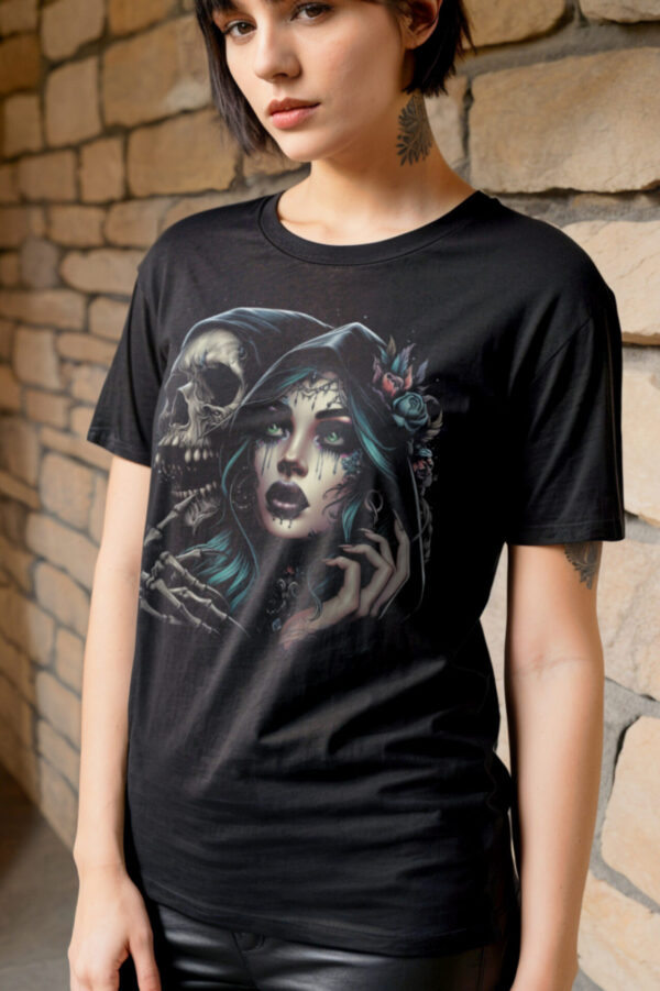 Death and Beauty Goth Graphic Art T-Shirt - Image 2