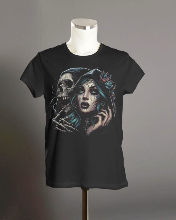 Death and Beauty Goth Graphic Art T-Shirt - Image 3